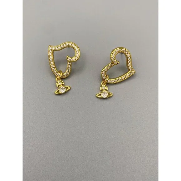 Vivienne Westwood Gold Pave Heart Earrings W/ CZ Orb & Dust Bag